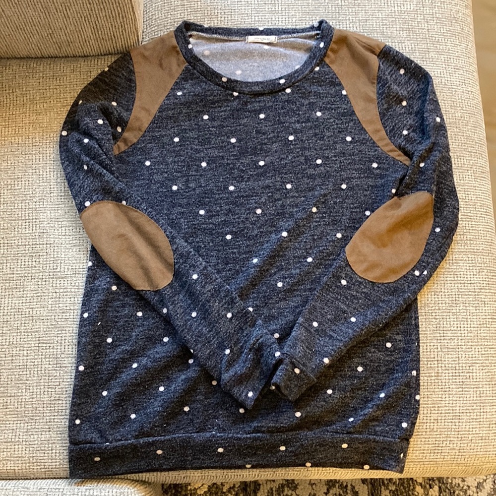 Navy polka dot sweater with cute suede elbow patches